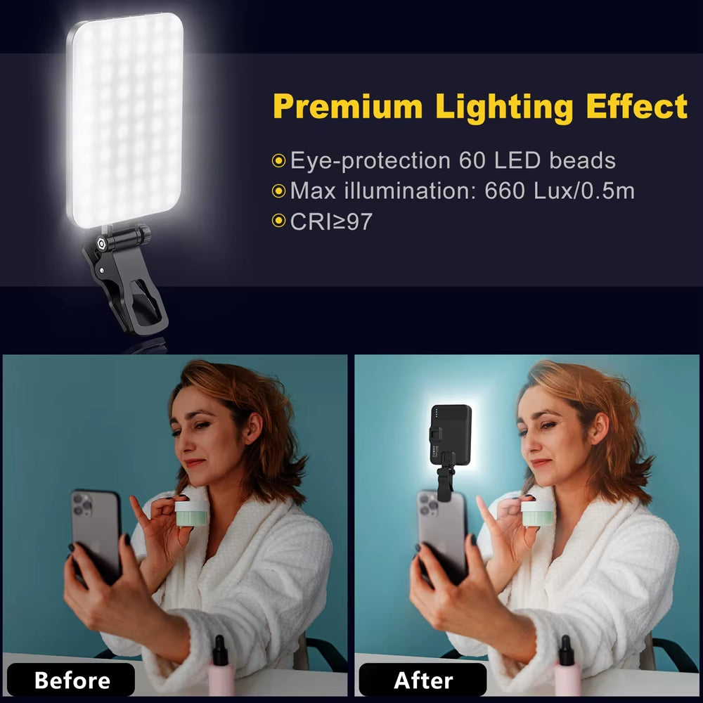 Selfie Light 60 LED 2200Mah Cell Phone Fill Light 7 Modes 10-Level Brightness Portable Clip on Light for Camera /Tablet/Laptop