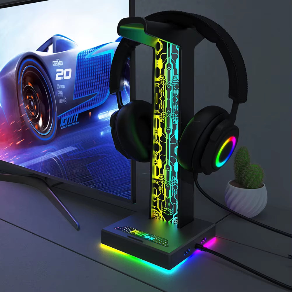 RGB Gaming Headphone Stand 10 Lighting Effects Headphone Stand Holder Rack USB Port 3.5Mm Audio Port Desktop Headset Bracket
