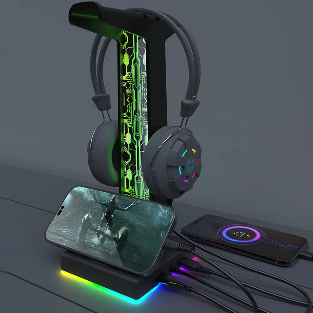 RGB Gaming Headphone Stand 10 Lighting Effects Headphone Stand Holder Rack USB Port 3.5Mm Audio Port Desktop Headset Bracket