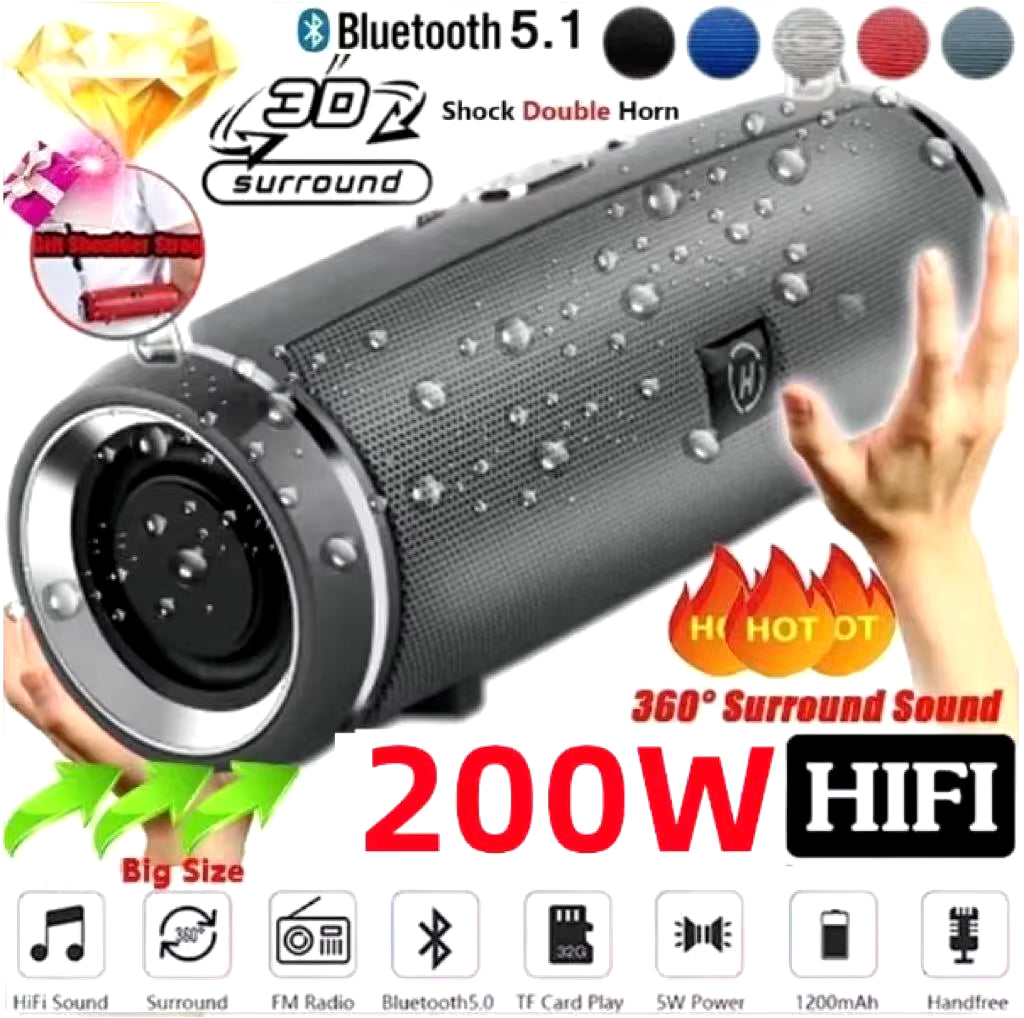 200W Portable Bluetooth Speaker IPX7 Waterproof Outdoor HIFI Pillar Speaker Subwoofer Stereo Speaker FM Radio TF Boom Box