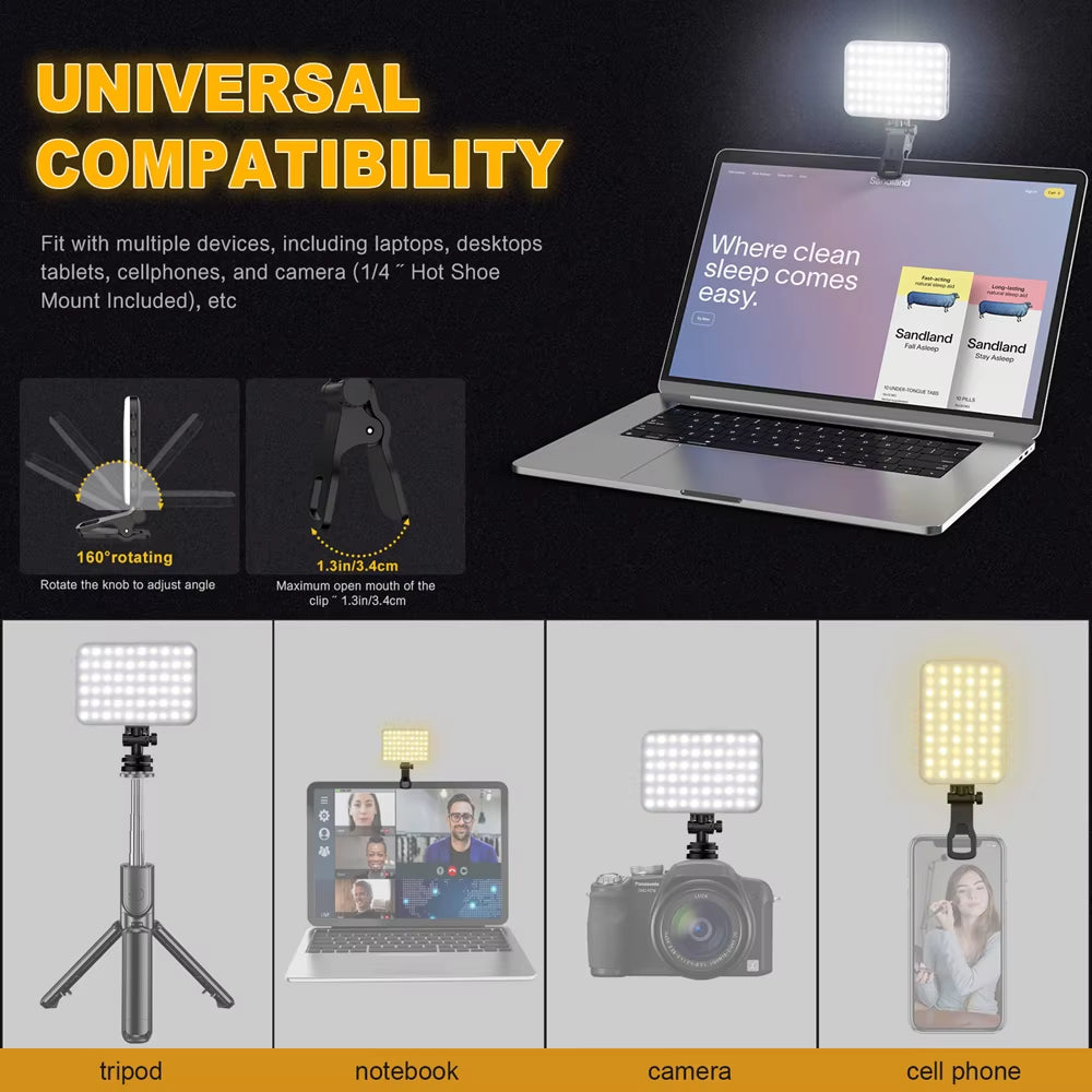 Selfie Light 60 LED 2200Mah Cell Phone Fill Light 7 Modes 10-Level Brightness Portable Clip on Light for Camera /Tablet/Laptop