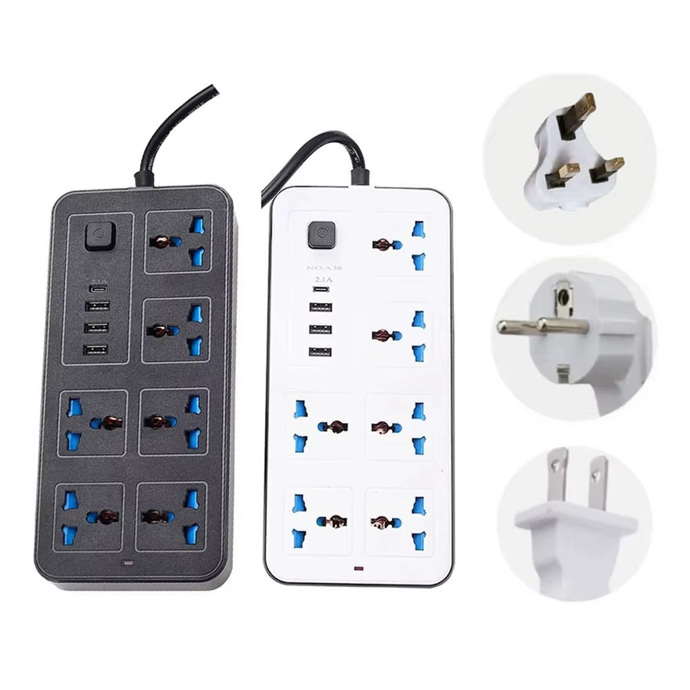 Power Multi Tap Universal Plug EU US UK Outlet Power Strip with 2M Extension Cord AC Type C USB Port Charge Electrical Socket